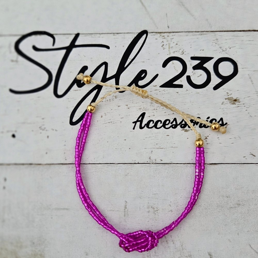 Miyuki Fuchsia Beaded Knot Adjustable Bracelet with Gold Accents